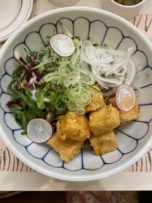 Cold buckwheat noodles w fried tofu.  Super yum!  at Plantude 플랜튜드 in Seoul