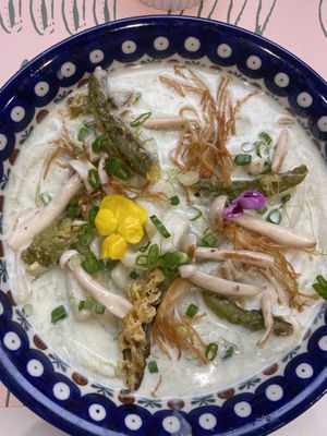 Tteokbboki…not like any other I’ve had.  Delicate herby cream sauce and the fried mushrooms and hot peppers give it a nice pop of flavor!   at Plantude 플랜튜드 in Seoul