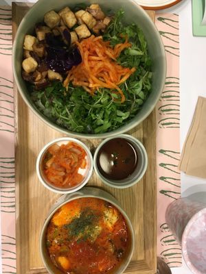 Tofu bowl with tomato soup   at Plantude 플랜튜드 in Seoul