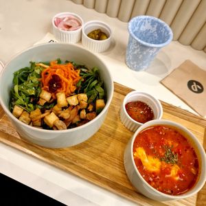 Bibimbap with tofu and tomato soft tofu stew😋 at Plantude 플랜튜드 in Seoul