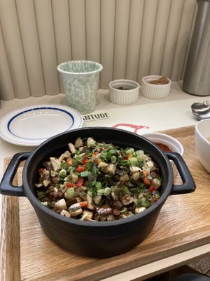 Healthy up bowl - eggplant and veggies over rice in a stone pot  at Plantude 플랜튜드 in Seoul