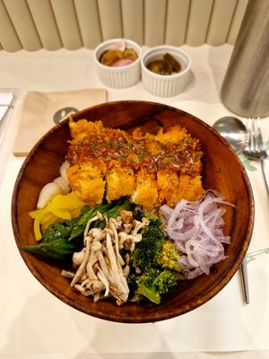 Rice bowl with tofu cutlet and vegetables😋👍 at Plantude 플랜튜드 in Seoul