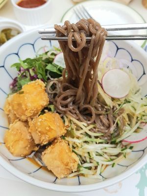 Buckwheat noodles with fried tofu - close-up at Plantude 플랜튜드 in Seoul