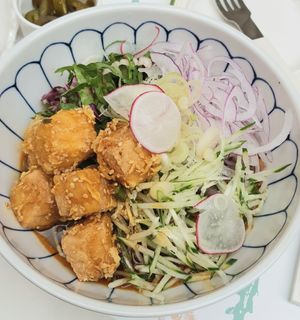 Buckwheat noodles with fried tofu (Karaage) at Plantude 플랜튜드 in Seoul