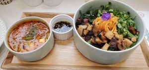 Bibimbap with soondubu jiggle (soft tofu soup)  at Plantude 플랜튜드 in Seoul