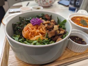 Korean Mixed Rice (bibimbap) w/ Tofu Crumble & Tomato Soft Stew at Plantude 플랜튜드 in Seoul