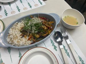 Rice japchae with some delicious soup   at Plantude 플랜튜드 in Seoul