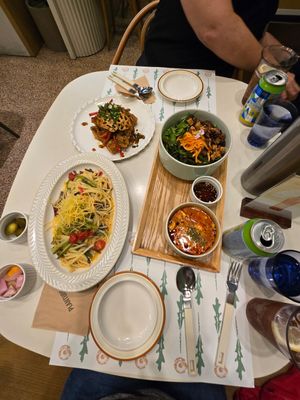 Set B for 2: bibimbap, tofu stew, pasta, fried mushrooms at Plantude 플랜튜드 in Seoul