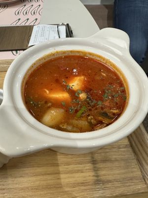 Tomato Tofu Stew (side that comes with Tofu Crumble Bibimbap)  at Plantude 플랜튜드 in Seoul