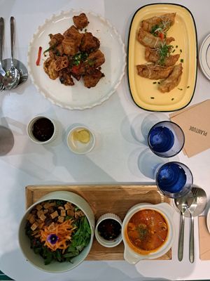 Fried assorted mushroom and tofu (gangjeong), gyoza dumplings, korean mixed rice (bibimbap) with crumble tofu & tomato soft tofu stew at Plantude 플랜튜드 in Seoul