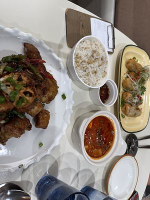 Tofu and fried mushrooms + rice + fried gyoza + tofu in sauce  at Plantude 플랜튜드 in Seoul