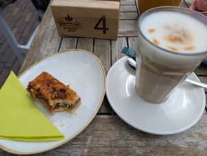 Vegan Walnut Bar and Oatmilk Coffee at Barista Cafe in Veenendaal