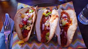 Vegan soft tacos (minus the vegan cheesr) at Picos in Douglas