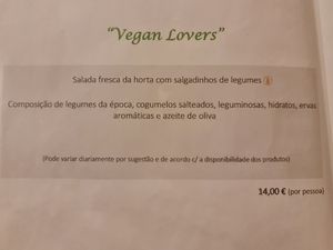 Vegan Lovers option on the menu at Carvalho in Chaves