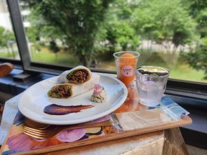 Bulgogi burrito and vegan carrot + apple sherbet at Flowers Bake & Ice Cream in Tachikawa