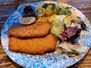 Vegan Schnitzel with potato salad at Wilma Wunder Köln in Cologne
