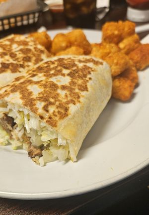 Vegan Mack Wrap and Tots. 10/10! at B-UNOS in Mt Holly