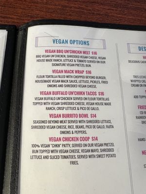 vegan section (but there were a few other options throughout the menu too)  at B-UNOS in Mt Holly