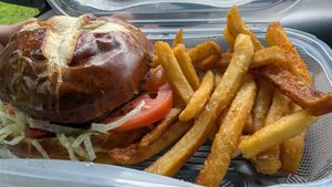 Vibin vegan burger with fries at B-UNOS in Mt Holly