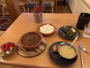 Lentil soup, dolmas, pickled veggies, eggplant dish with rice  at Civat in Landstuhl