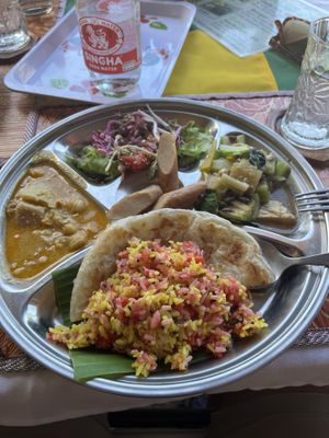 Daily set with sausage as extra protein  at Lamai Veggie in Koh Samui