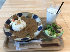 Curry (vegan), salad (vegan) and lassi (vegetarian). at Museum Cafe - Okinawa Prefectural Museum in Naha