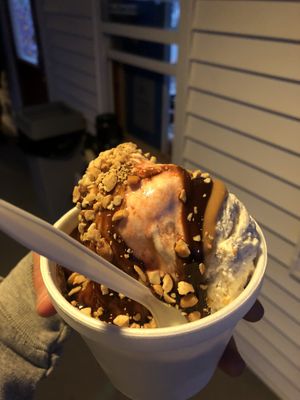 Dairy free sundae with non dairy vanilla ice cream, topped with peanut butter sauce and chocolate   at Timbertown Ice Cream in Lewiston