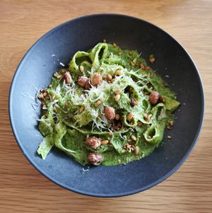 Pesto pappardelle at Conceria in Montreal