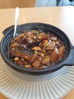 Claypot spicy eggplant $21.50: delicious, made less spicy on request, and turned out perfectly, also has what tasted like Chinese 5 spice at Vegify in Knoxfield