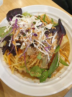 Hainanese noodles $16.00: yellow noodles w/delish slightly sour but subtle broth, would have liked more broth at Vegify in Knoxfield