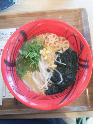 My customized veggie ramen (spring onions instead of lettuce, with a wakame topping) at Garden Kitchen in Fukuoka