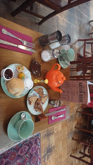 Cream tea with vegan cream and extras (pesto and roasted veg mini quiches, seeded flapjacks, raspberry crumble slices) at The Fourteas. in Stratford-upon-avon