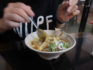 Rice noodles in tofu gravy soup at Pa Yod Shan Vegetarian Cafe in Chiang Mai