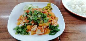 Stir Fried Shan Tofu in tomato sauce, 50bht at Pa Yod Shan Vegetarian Cafe in Chiang Mai