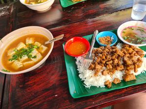 3 layer "pork" with rice and tomato soup with tofu at Pa Yod Shan Vegetarian Cafe in Chiang Mai