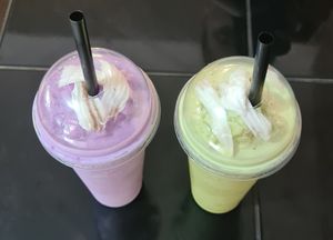 Coconut smoothies with matcha and purple sweet potatoe taste. at Pa Yod Shan Vegetarian Cafe in Chiang Mai