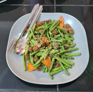 Fried beans with vegan pork. at Pa Yod Shan Vegetarian Cafe in Chiang Mai