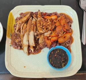 Vegan duck and pork with rice (the chilli sauce is very spicy) at Pa Yod Shan Vegetarian Cafe in Chiang Mai