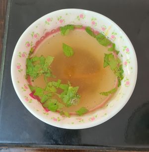 Complementary vegetable soup. at Pa Yod Shan Vegetarian Cafe in Chiang Mai