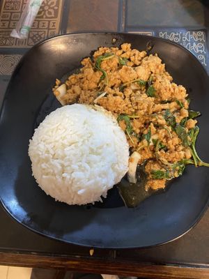 Pork with basil and ricee  at Pa Yod Shan Vegetarian Cafe in Chiang Mai