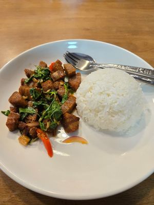 Crispy pork Kra pra with rice at Pa Yod Shan Vegetarian Cafe in Chiang Mai