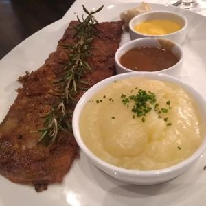 Eggplant "steak" with roasted garlic and mashed potatoes at Crossroads Kitchen in Las Vegas