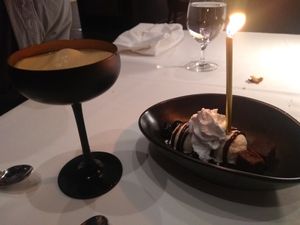 "Whats my age again" dessert cocktail plus an ice cream sundae with brownies at Crossroads Kitchen in Las Vegas