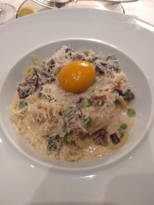 Spaghetti carbonara with plant based "yolk"  at Crossroads Kitchen in Las Vegas
