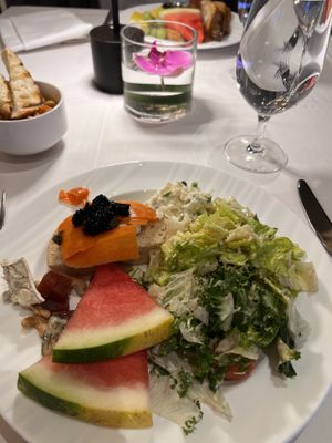 Salads, bagel with carrot lox and kelp caviar and more!!  at Crossroads Kitchen in Las Vegas