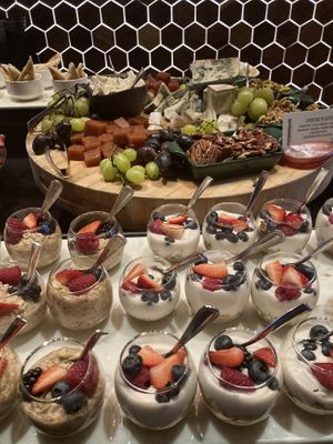 Cheese board, overnight oats and yogurt parfait  at Crossroads Kitchen in Las Vegas