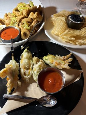 Calamari, squash blossoms, caviar dip  at Crossroads Kitchen in Las Vegas