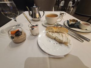 Overnight oats, parfait, bagel with jalapeño cream chees at Crossroads Kitchen in Las Vegas