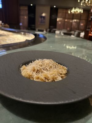 Happy hour mafaldine cacio e pepe  at Crossroads Kitchen in Las Vegas