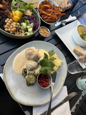 Meatballs. Bbq bowl. Soup of the day, and sweet potato friess  at  Verte in Stockholm